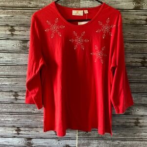 Quacker Factory Women's Long-Sleeved Top Size L Red Embellished Snowflake NWT